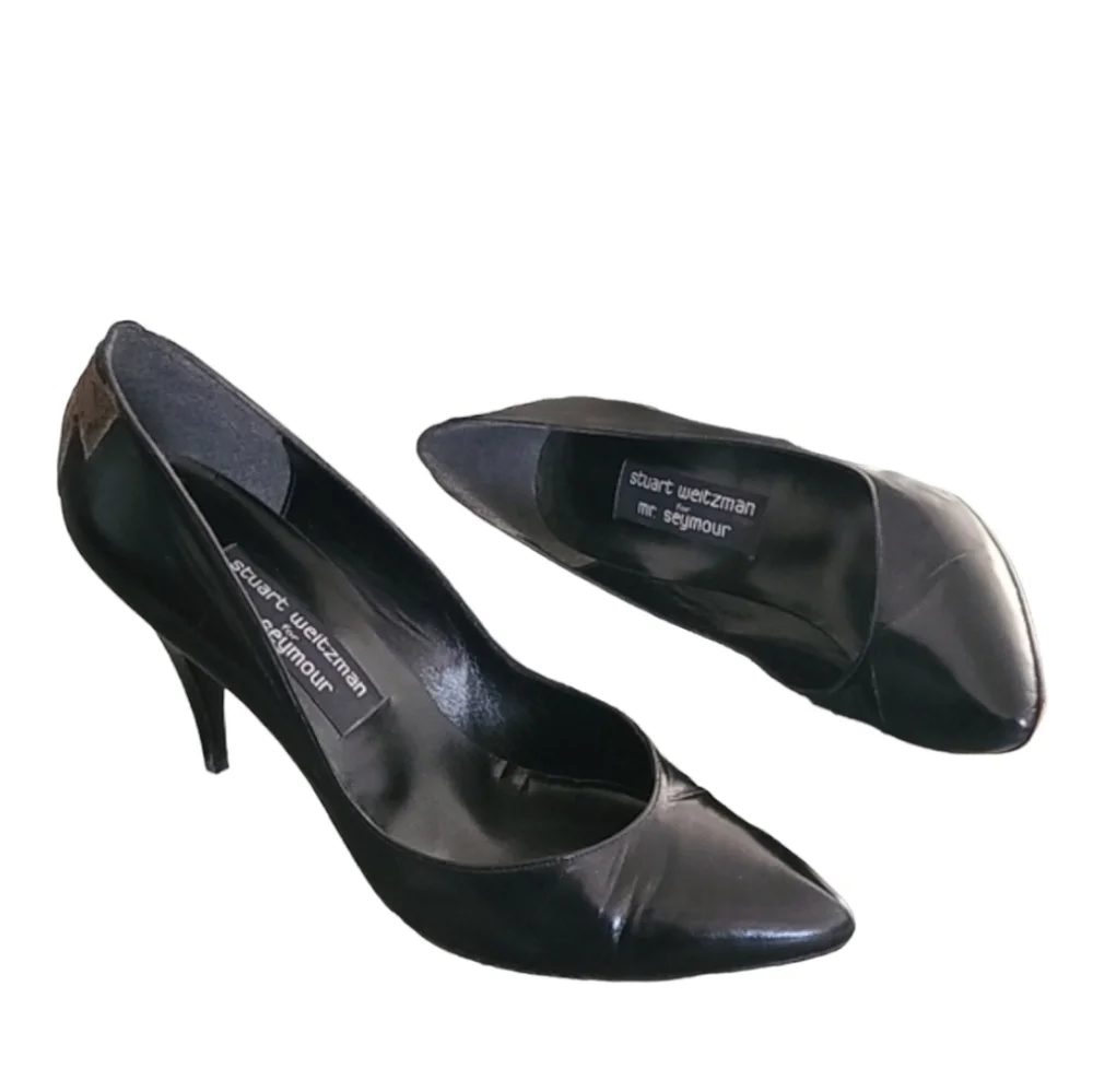 MR SEYMOUR STUART WEITZMAN VTG Black Leather Pumps 8.5 Pointed Heel Minimalist